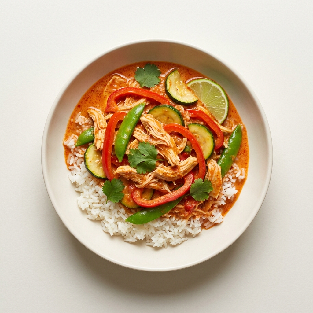 Thai Coconut Chicken Curry with Jasmine Rice, prepared as a finished Lila recipe