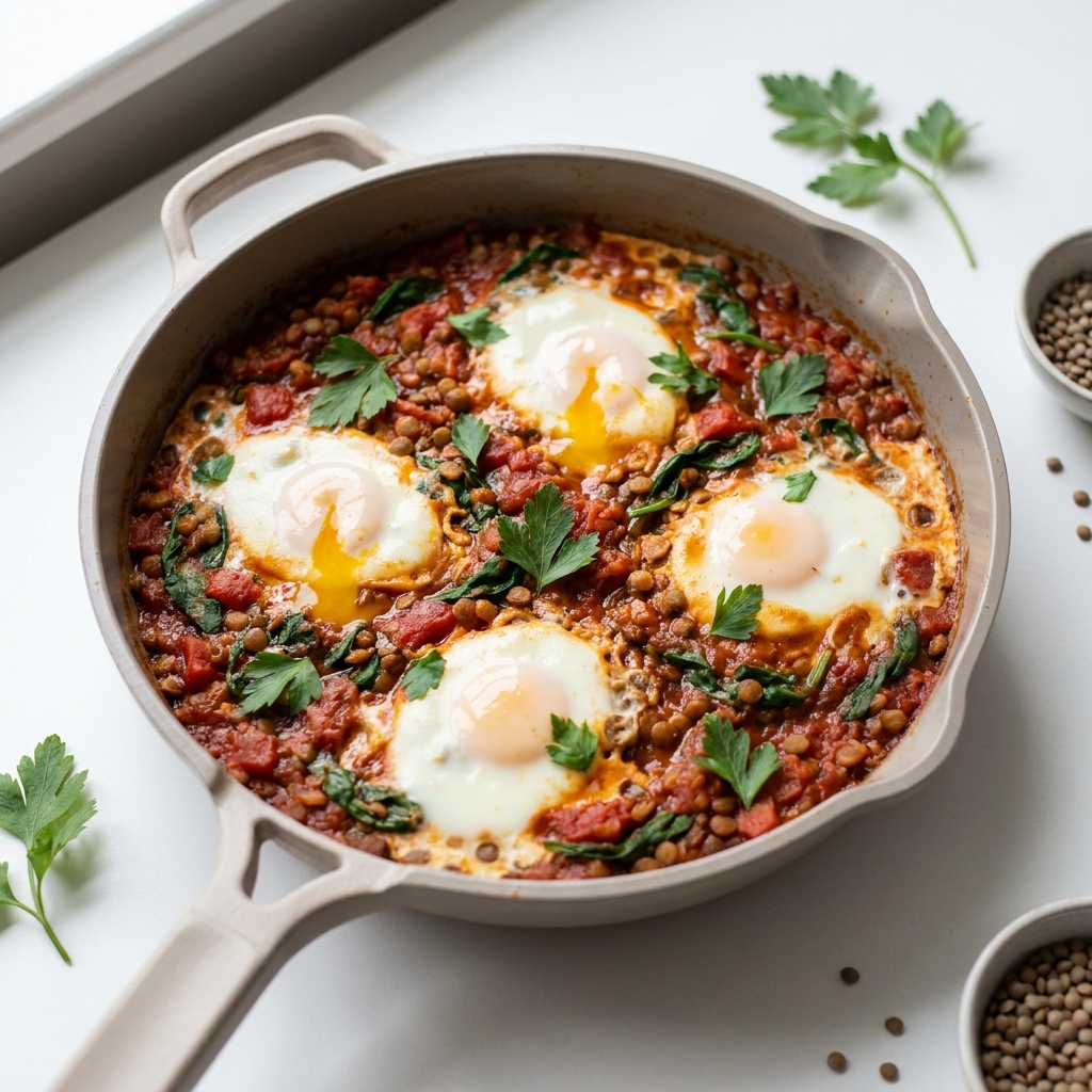 Spiced Egg and Lentil Shakshuka with Spinach, prepared as a finished Lila recipe