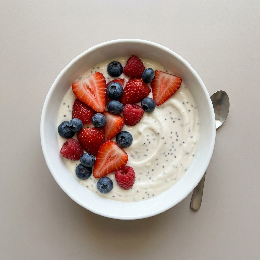 Vanilla Berry Protein Yogurt Bowl, prepared as a finished Lila recipe