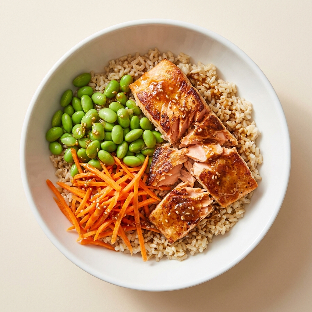 15 Minute Sesame Salmon and Edamame Power Bowl, prepared as a finished Lila recipe