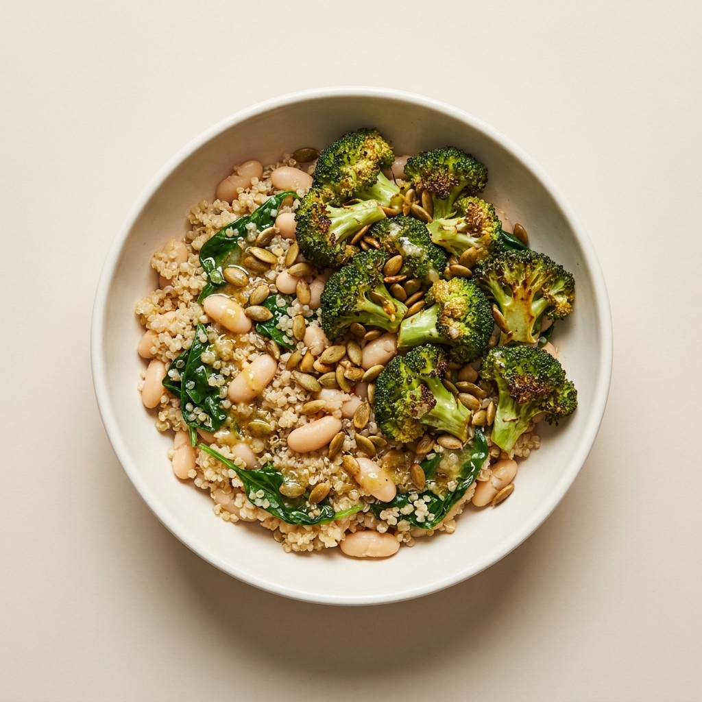 Mediterranean Lemon White Bean and Broccoli Bowl, prepared as a finished Lila recipe