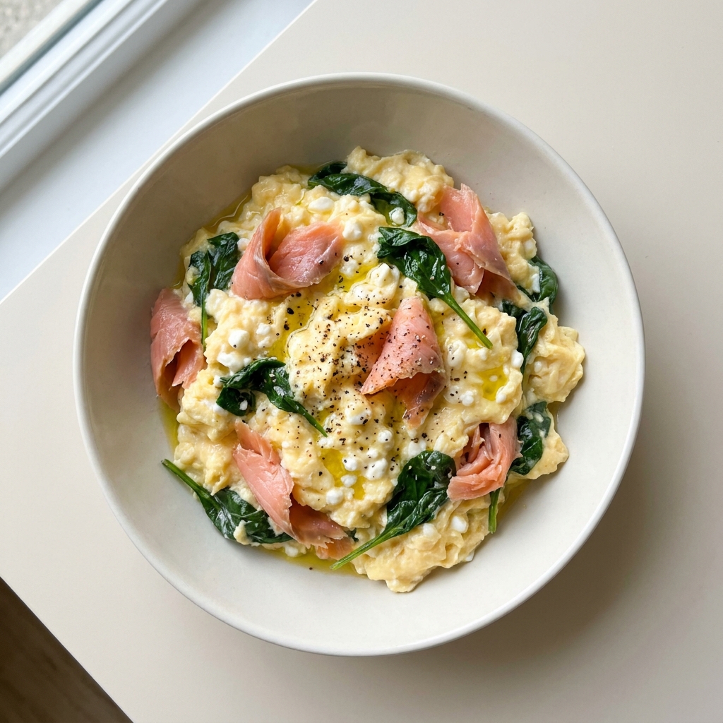 Smoked Salmon and Cottage Cheese Egg Scramble, prepared as a finished Lila recipe