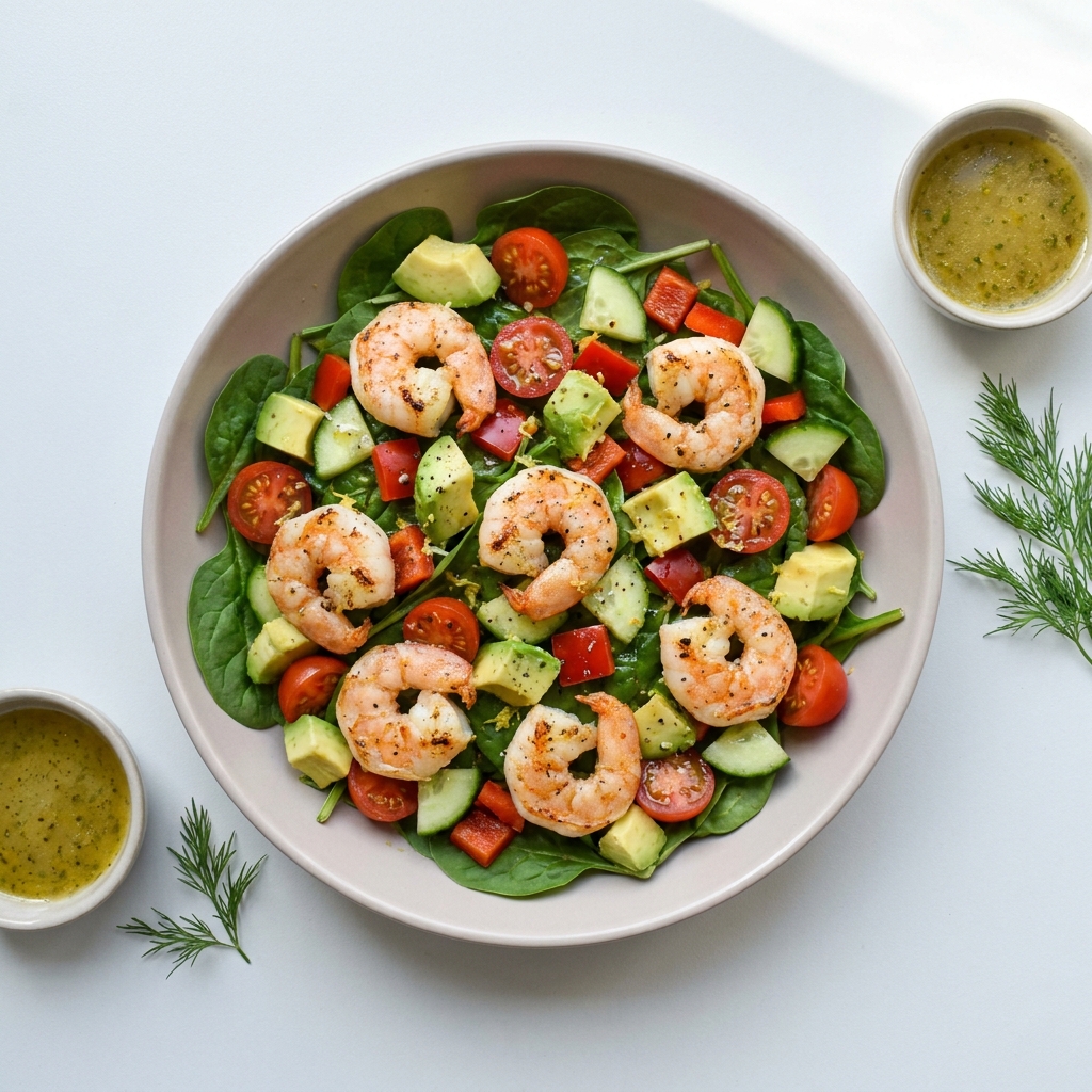Lemon Herb Prawn and Avocado Crunchy Salad, prepared as a finished Lila recipe