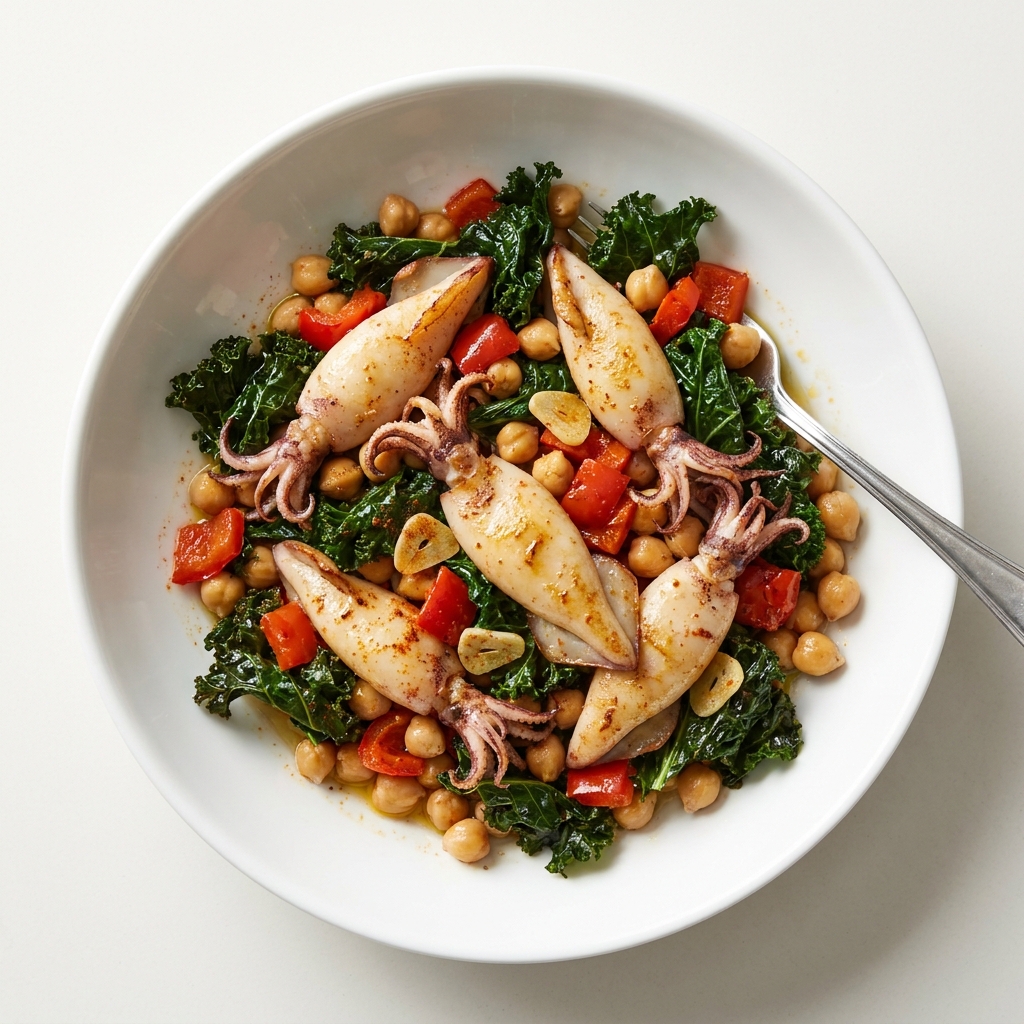 Garlic Seared Squid with Kale, Chickpeas, and Red Pepper, prepared as a finished Lila recipe