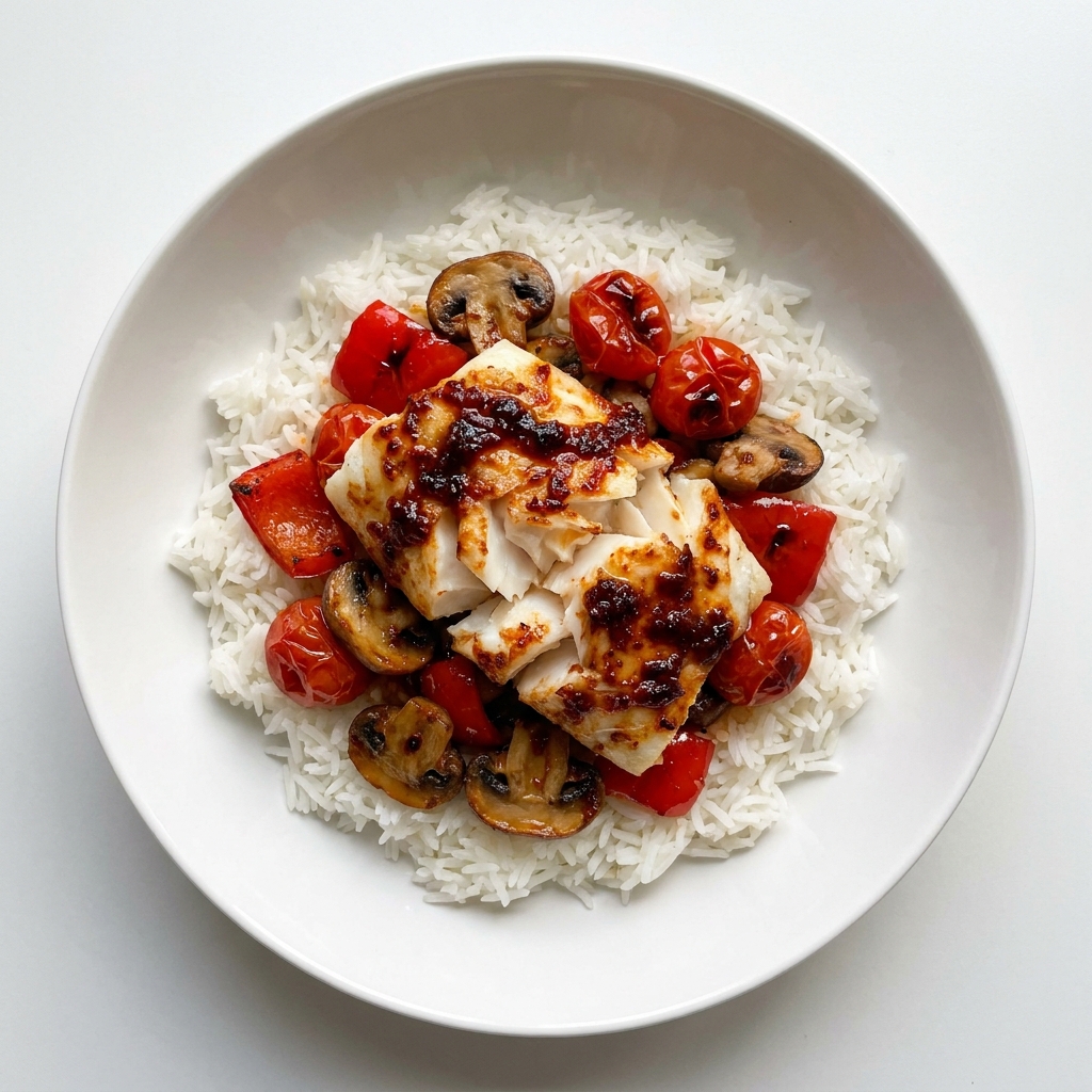 Air Fryer Chilli Ginger Cod with Basmati Rice, prepared as a finished Lila recipe