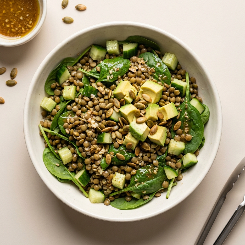 High Fiber Zesty Green Lentil Salad, prepared as a finished Lila recipe