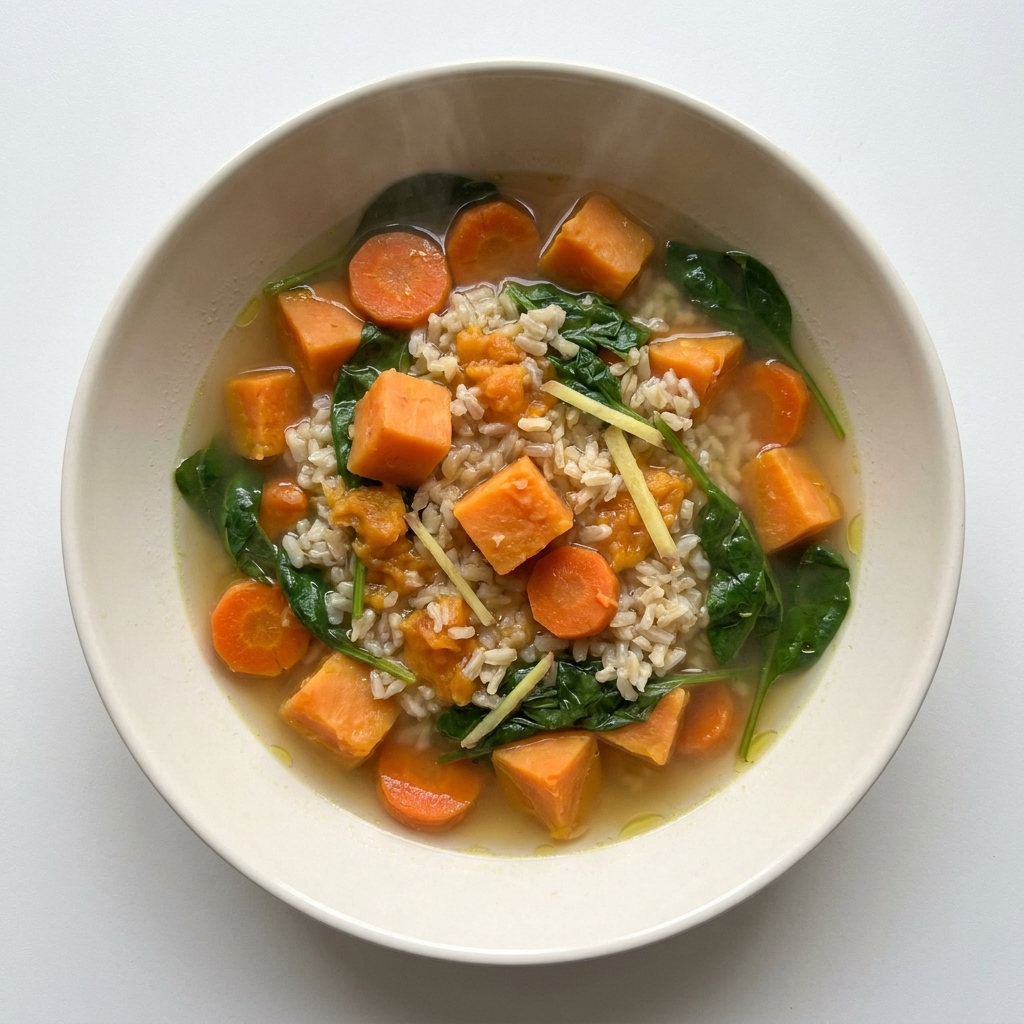 Gentle Root Vegetable and Rice Healing Stew, prepared as a finished Lila recipe