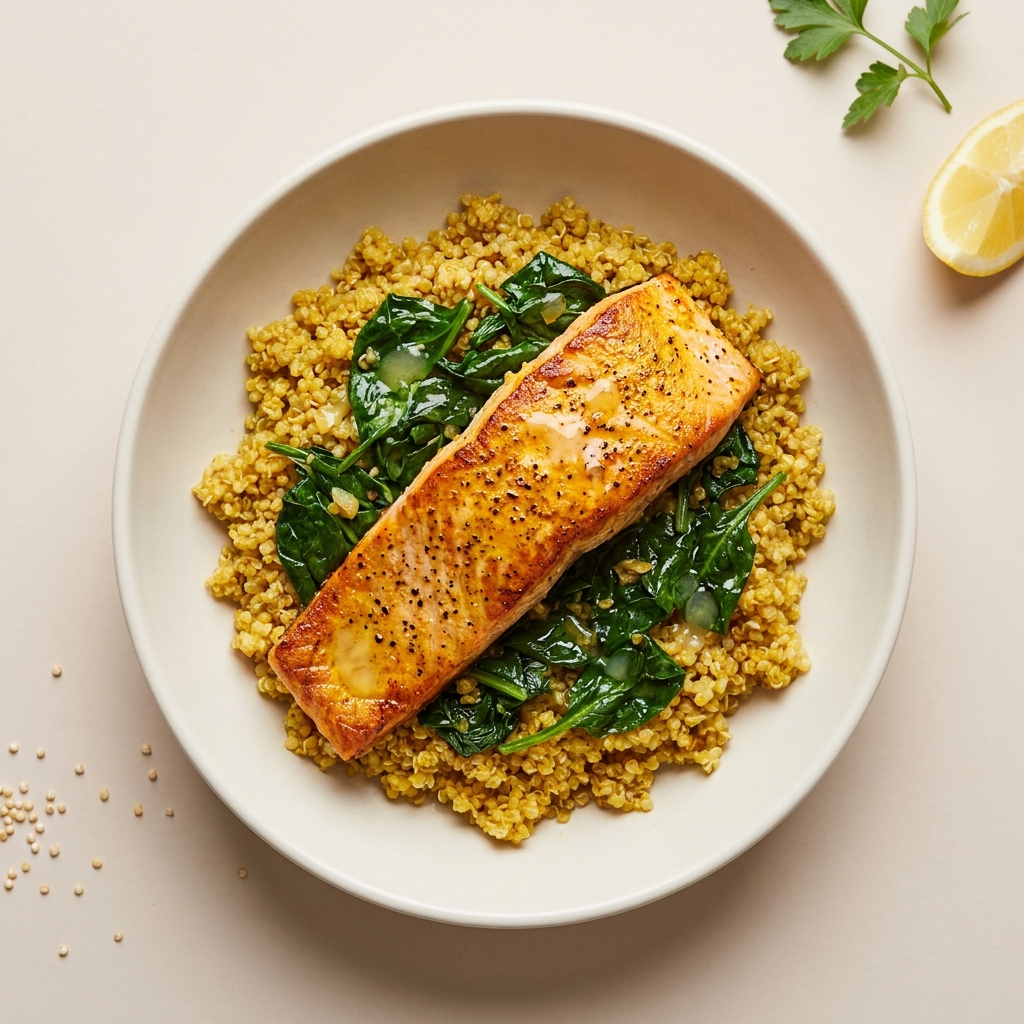 Lemon Turmeric Salmon Bowl with Wilted Spinach, prepared as a finished Lila recipe