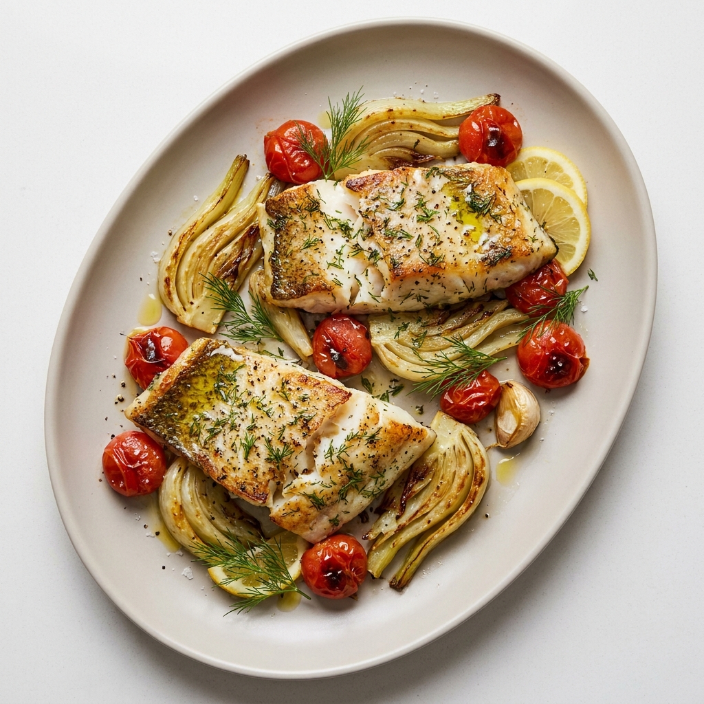Air Fryer Garlic Herb Sablefish with Caramelized Fennel and Tomatoes, prepared as a finished Lila recipe