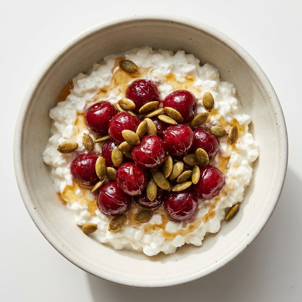 Quick Cherry Berry Cottage Cheese Bowl, prepared as a finished Lila recipe