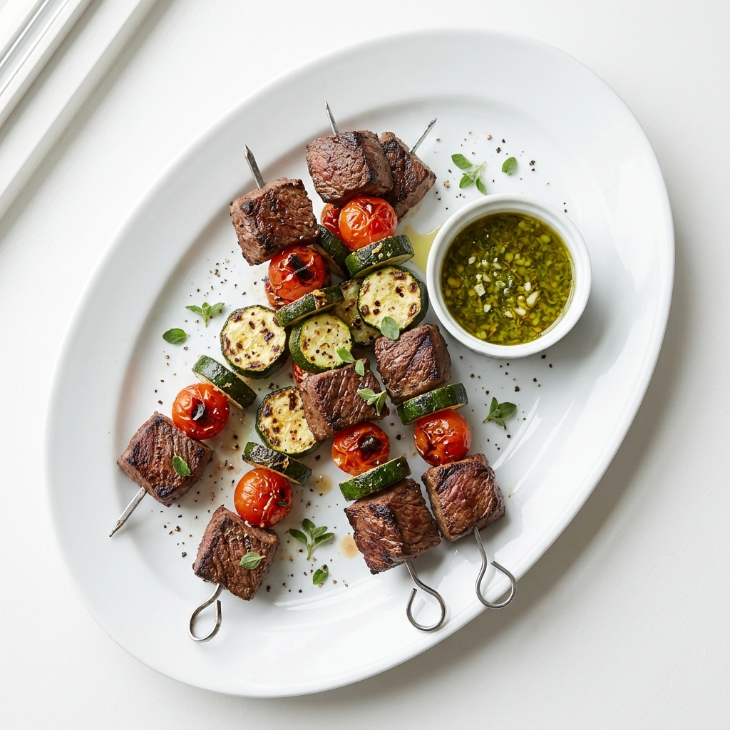 Grilled Beef Tenderloin Skewers with Charred Vegetables, prepared as a finished Lila recipe