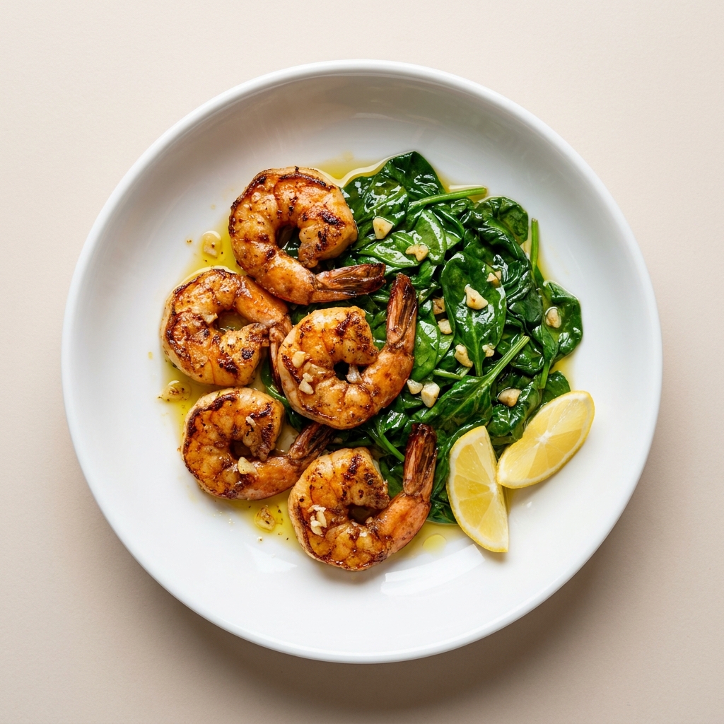 Charred Mediterranean Jumbo Prawns with Garlic Greens, prepared as a finished Lila recipe