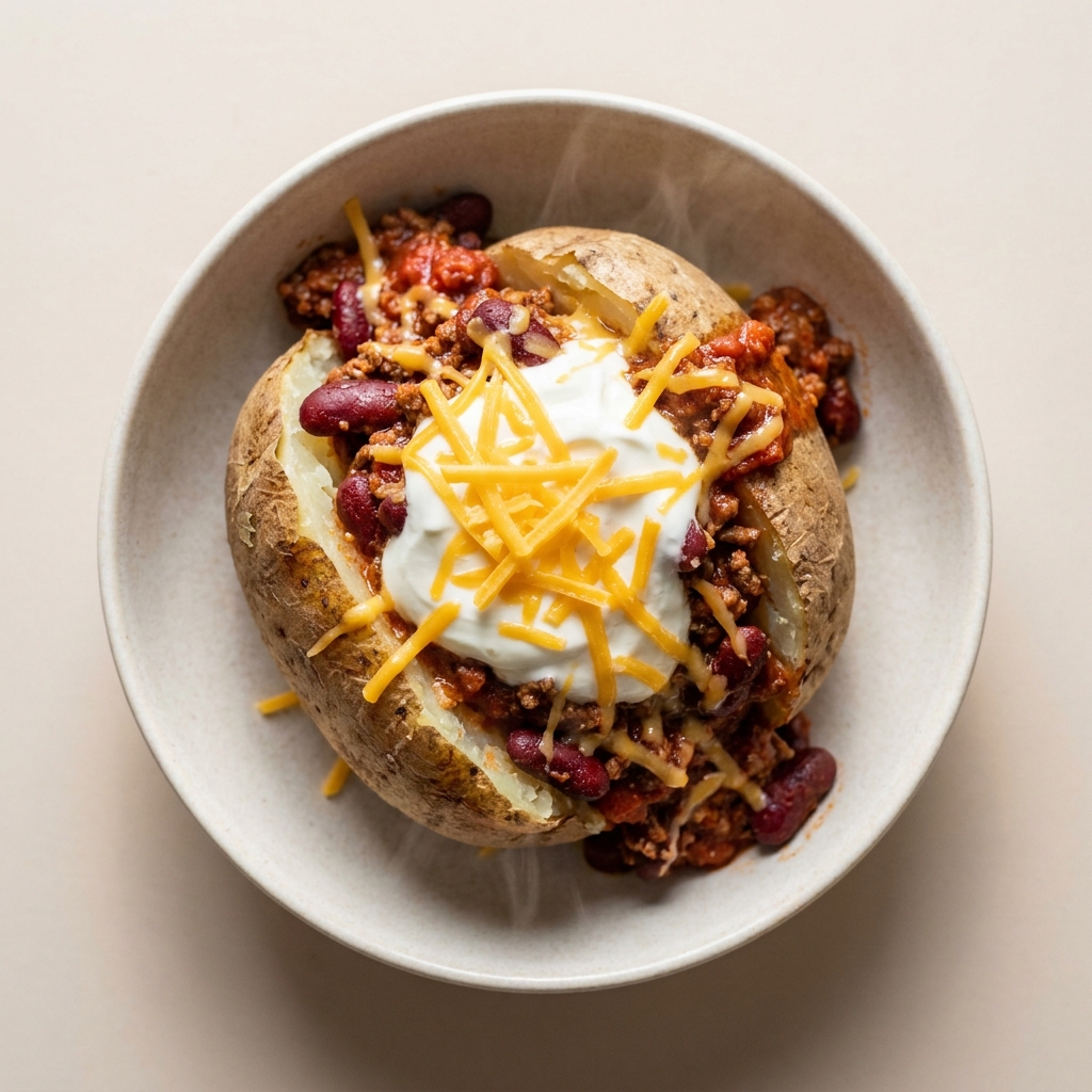 Loaded Chili Baked Potato Bowl, prepared as a finished Lila recipe