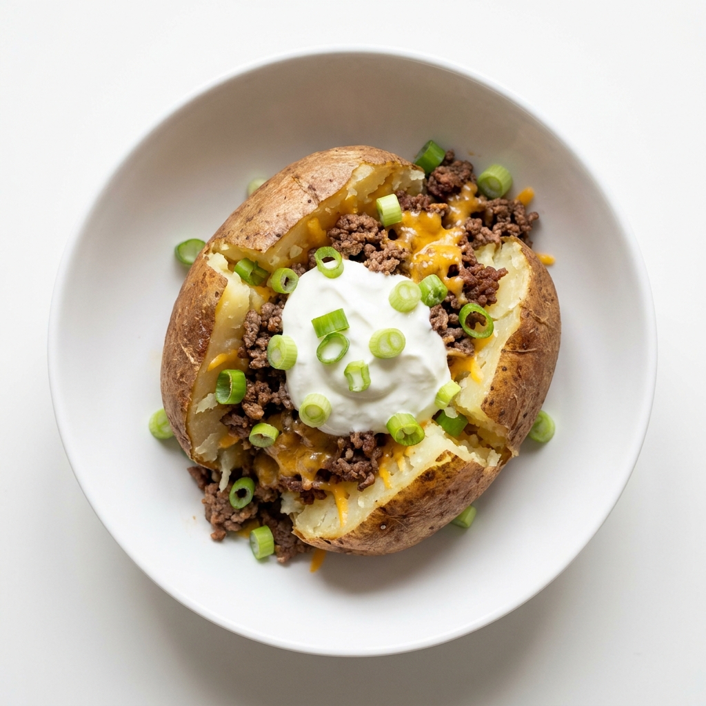 Loaded Baked Potato Bowl with Lean Beef and Yogurt, prepared as a finished Lila recipe
