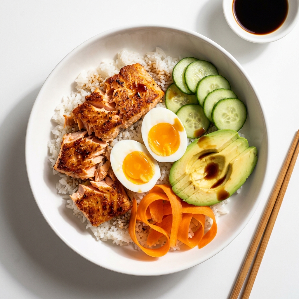 Crispy Salmon and Egg Rice Bowl with Avocado, prepared as a finished Lila recipe