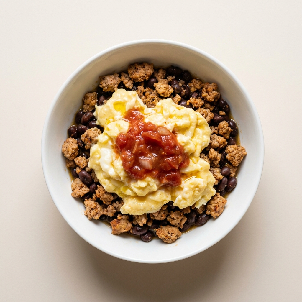 Soft Scrambled Eggs with Savory Ground Turkey, prepared as a finished Lila recipe