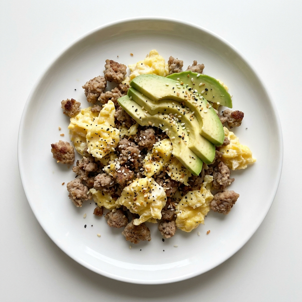 Everything Bagel Turkey and Egg Scramble, prepared as a finished Lila recipe