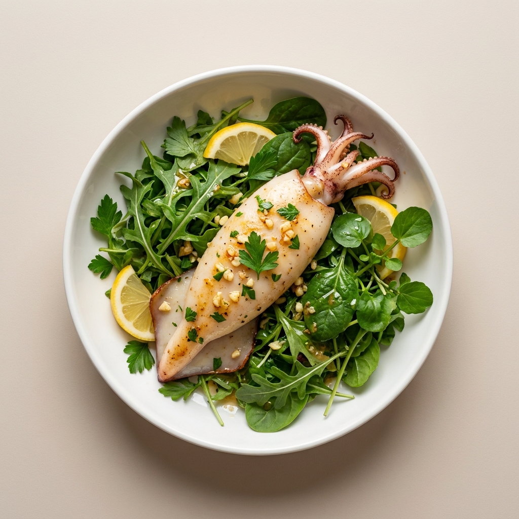 Pan-Seared Garlic Lemon Whole Squid with Leafy Greens, prepared as a finished Lila recipe