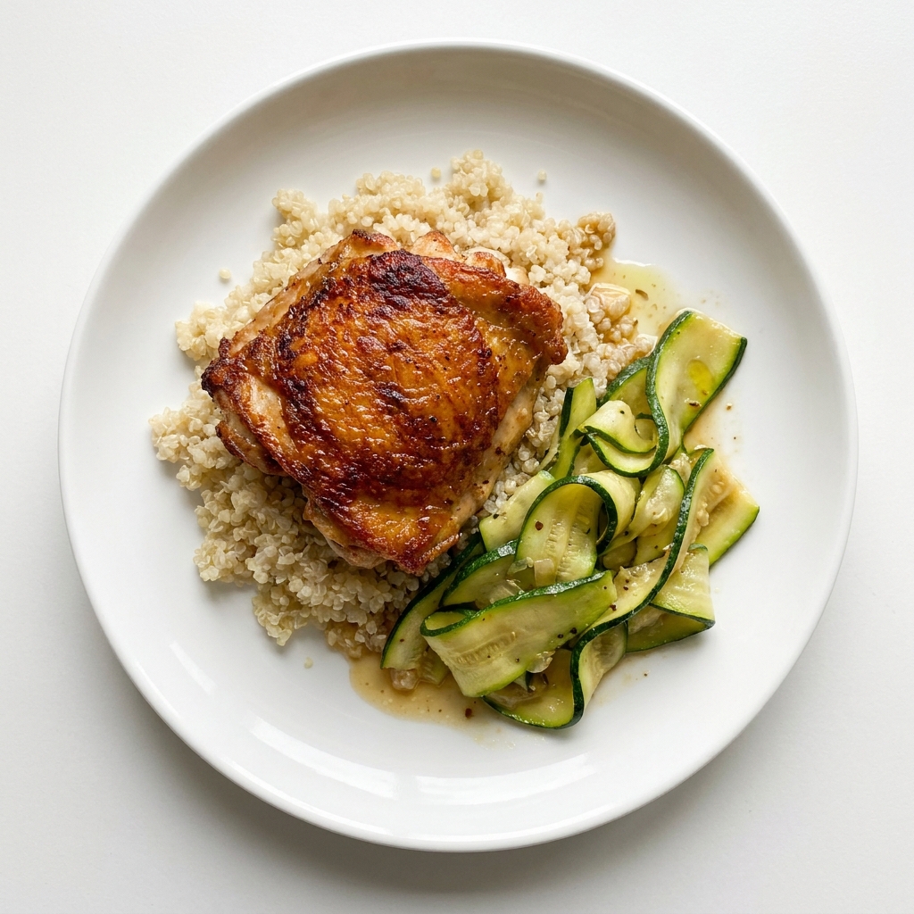 Crispy Pan-Seared Chicken Thighs with Zucchini and Quinoa, prepared as a finished Lila recipe