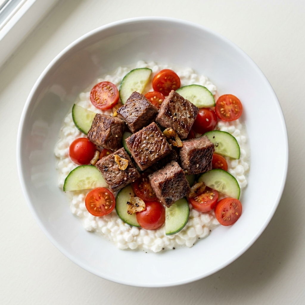 Pan-Seared Sirloin and Cottage Cheese Power Plate, prepared as a finished Lila recipe