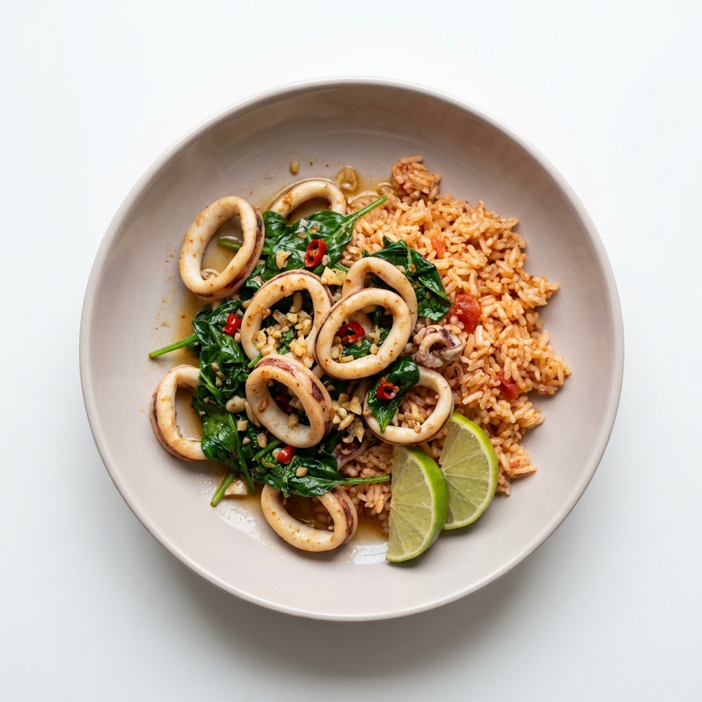 Spicy Garlic Squid with Spinach and Mexican Rice, prepared as a finished Lila recipe