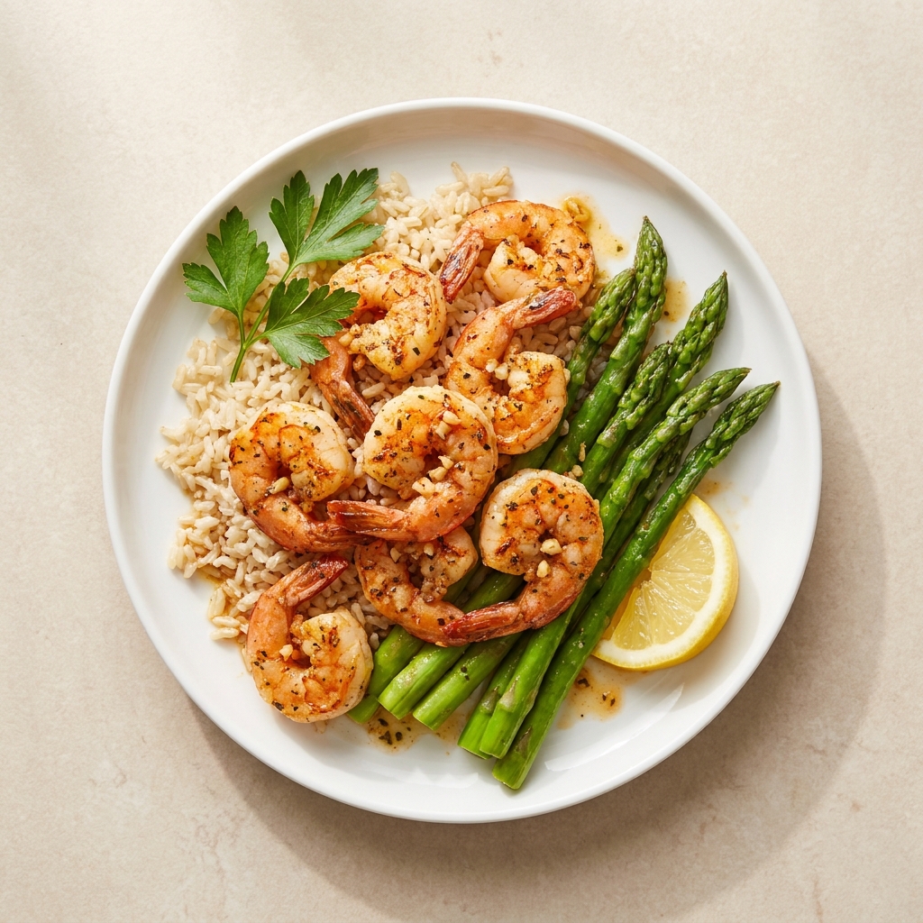 Garlic Lemon Herb Shrimp with Asparagus and Rice, prepared as a finished Lila recipe