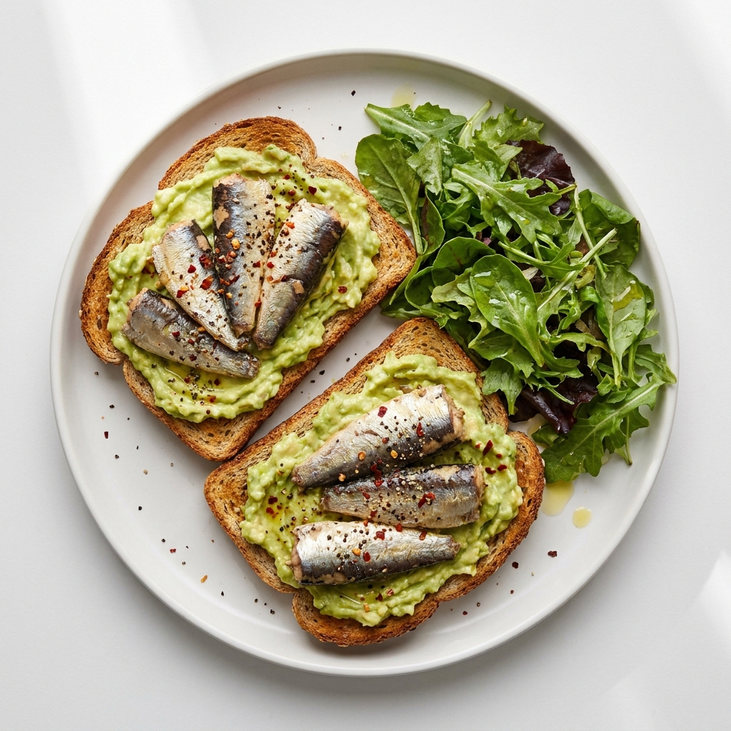 Avocado and Sardine Toast with Greens, prepared as a finished Lila recipe
