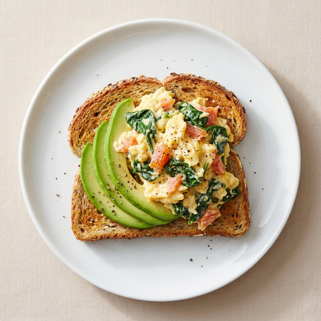 Smoked Salmon and Avocado Egg Scramble, prepared as a finished Lila recipe
