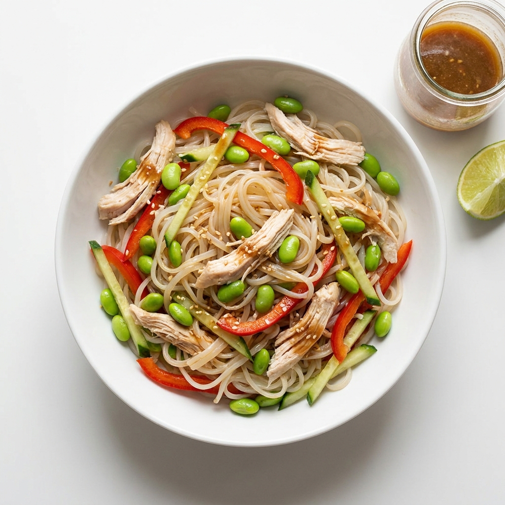 Sesame Chicken and Edamame Rice Noodle Bowl, prepared as a finished Lila recipe
