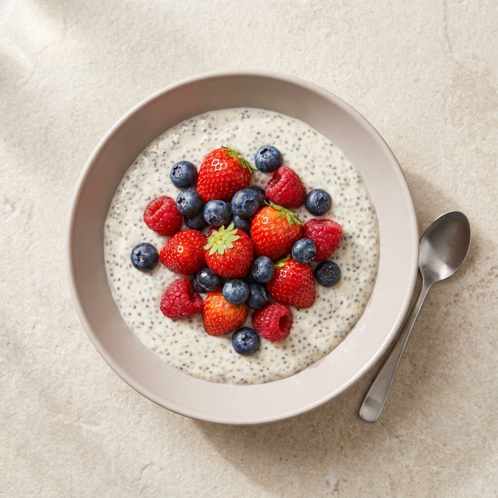 Vanilla Berry Chia Seed Pudding, prepared as a finished Lila recipe