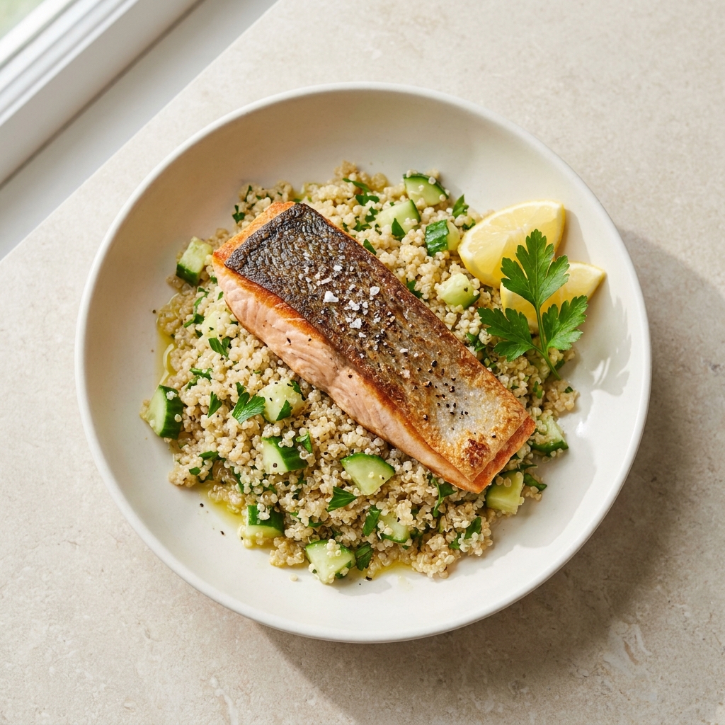 Pan-Seared Salmon with Warm Quinoa Salad, prepared as a finished Lila recipe