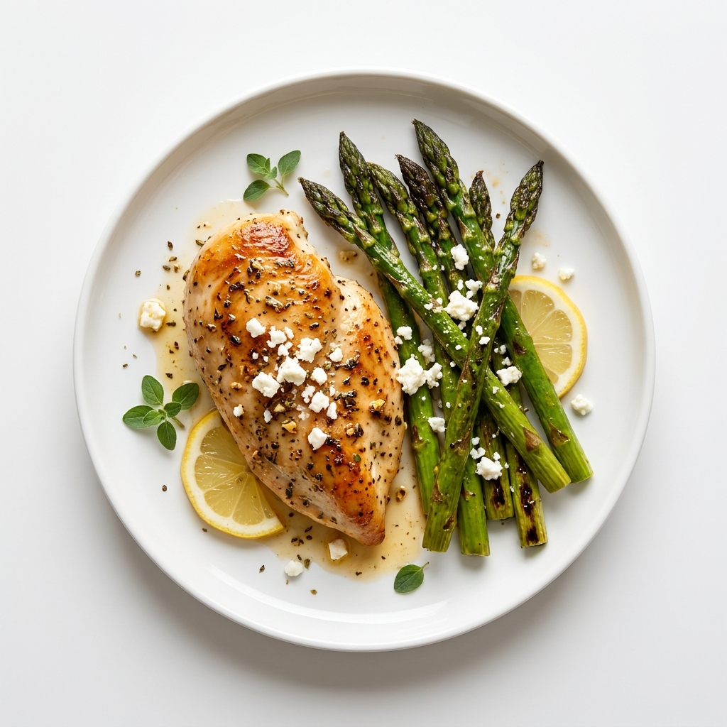 Mediterranean Lemon Herb Chicken with Roasted Asparagus, prepared as a finished Lila recipe