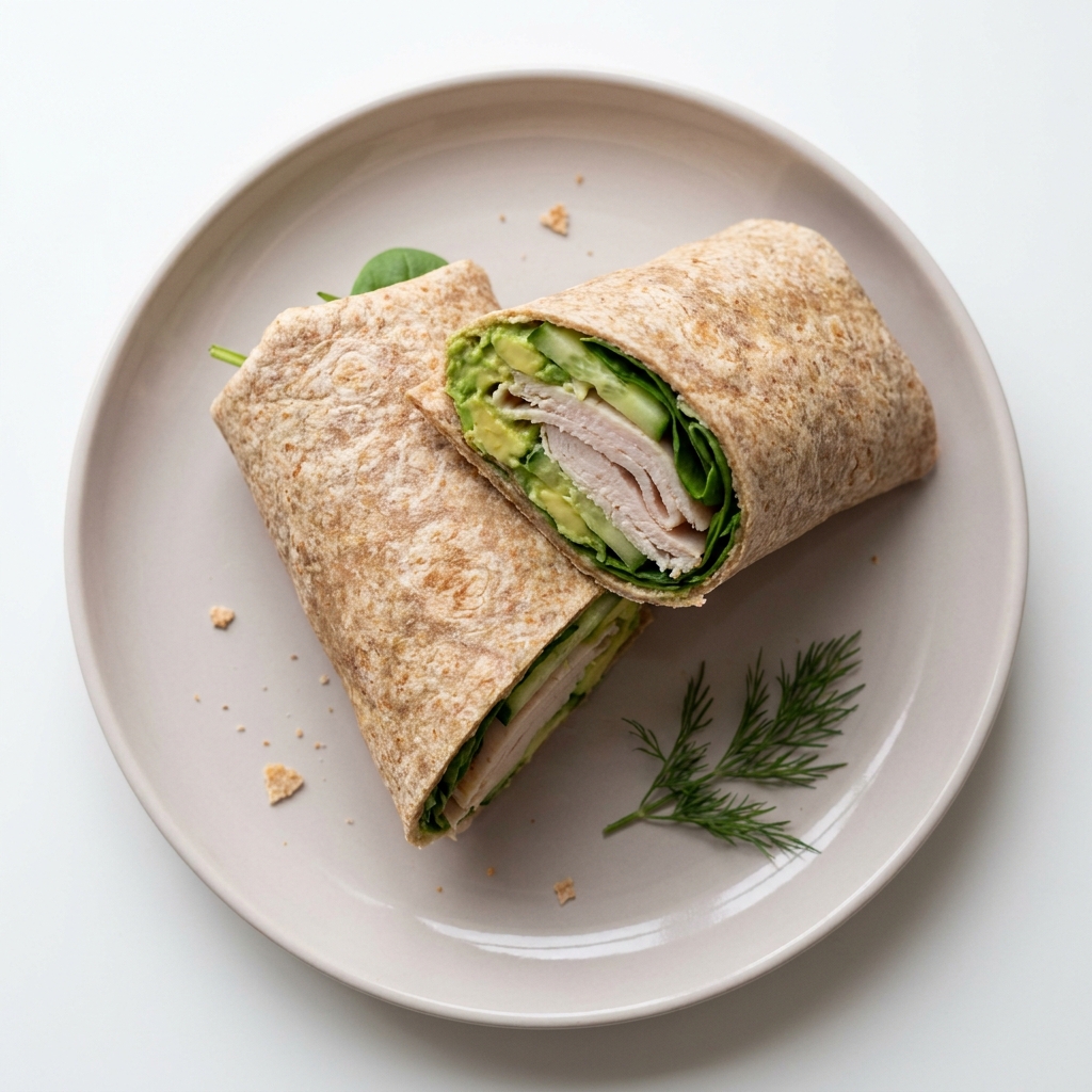 Gentle Turkey and Avocado High Fiber Wrap, prepared as a finished Lila recipe
