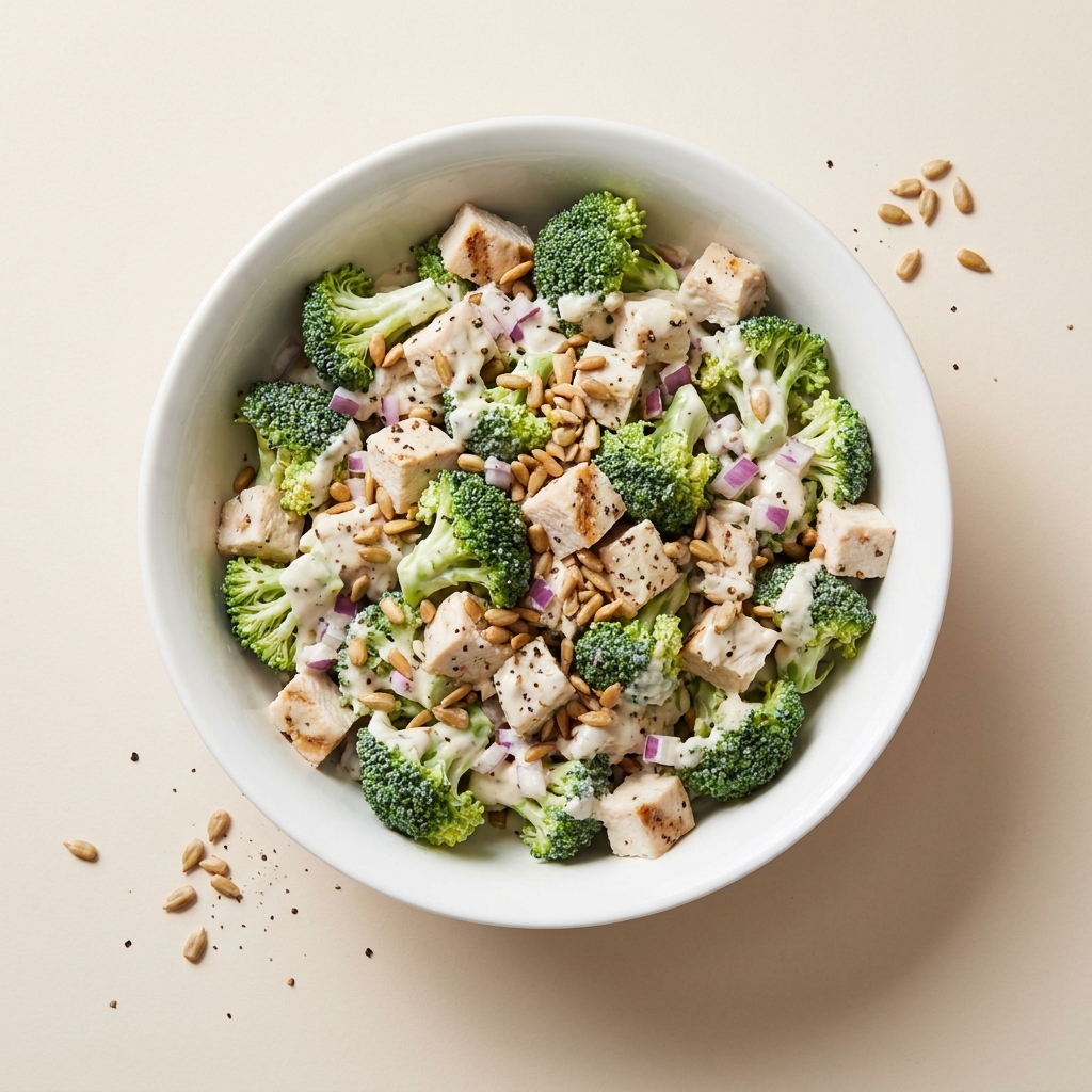 Creamy Greek Yogurt Broccoli Salad with Chicken, prepared as a finished Lila recipe