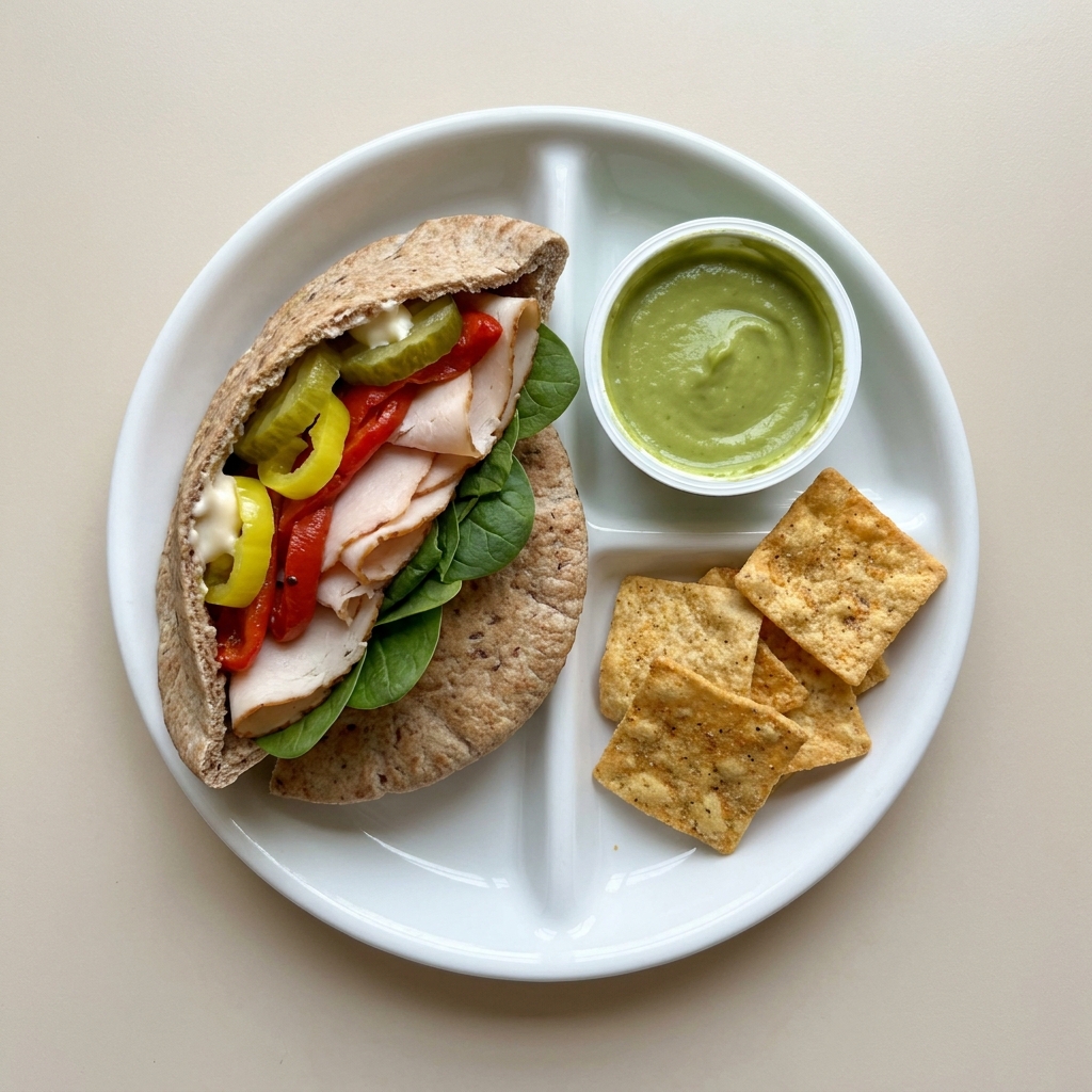 Turkey Pepper Flax Pita Box with Quest Chips, prepared as a finished Lila recipe