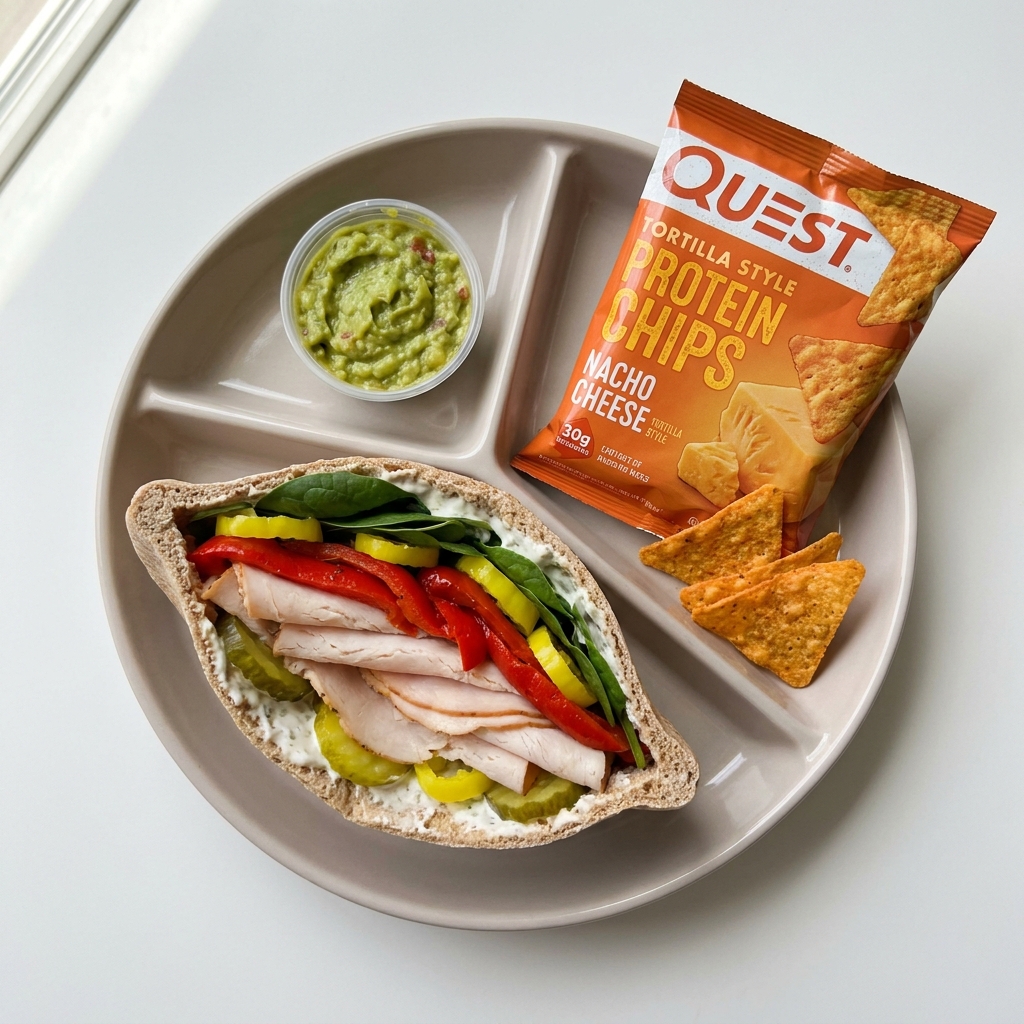 Turkey Pepper Flax Pita Box with Quest Chips, prepared as a finished Lila recipe