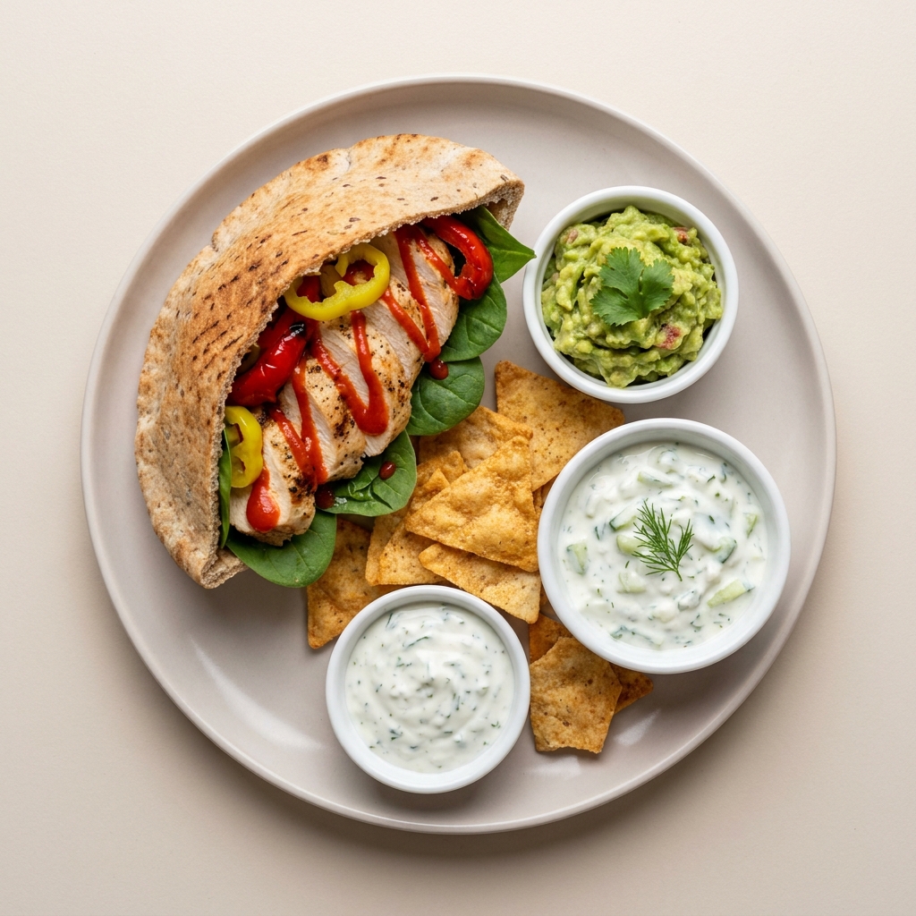 Sriracha Chicken Crunch Pita Box, prepared as a finished Lila recipe