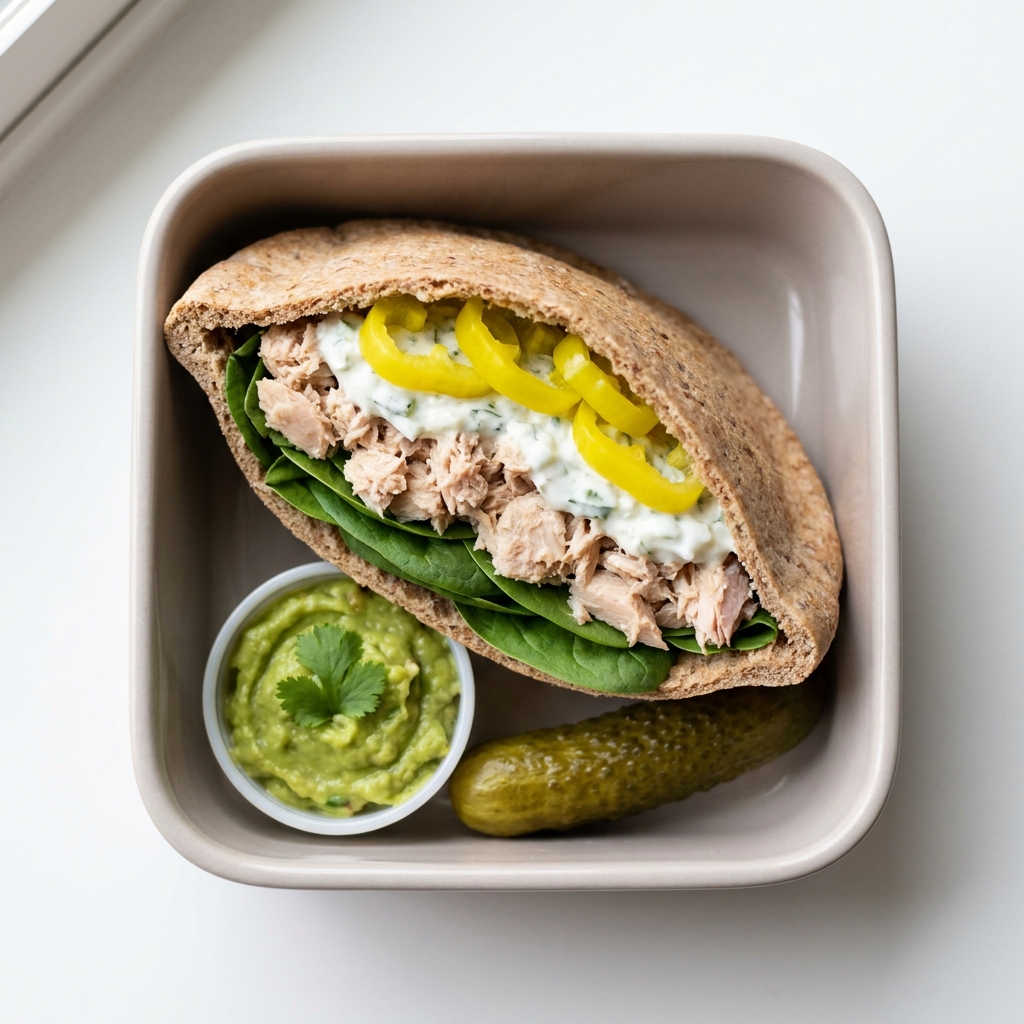 High-Protein Tuna and Guacamole Flax Pita Box, prepared as a finished Lila recipe