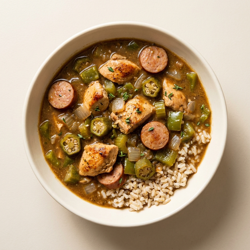 Chicken and Turkey Sausage Gumbo, prepared as a finished Lila recipe