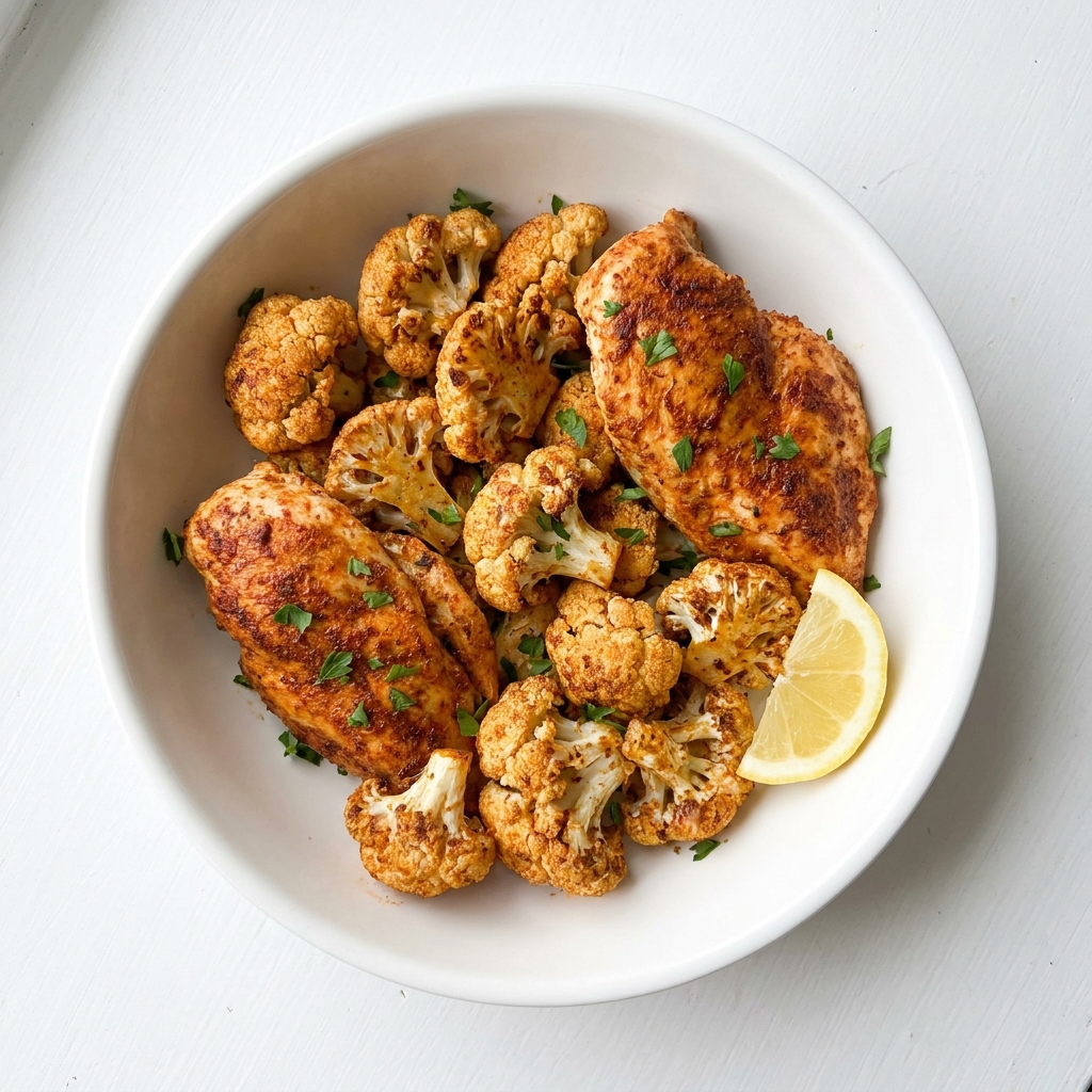 Paprika Garlic Chicken and Cauliflower Air Fryer Bake, prepared as a finished Lila recipe