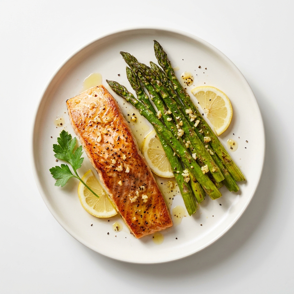 Quick Lemon Garlic Salmon with Roasted Asparagus, prepared as a finished Lila recipe