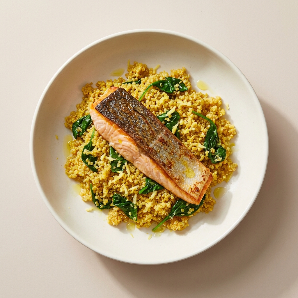 Ginger Turmeric Salmon with Soft Quinoa and Spinach, prepared as a finished Lila recipe
