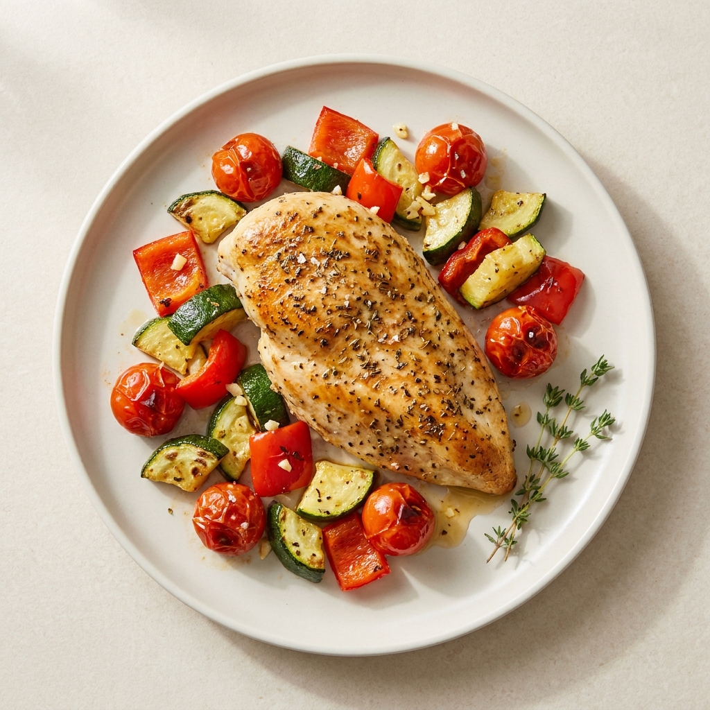 Herbed Chicken Breast with Roasted Fresh Vegetables, prepared as a finished Lila recipe
