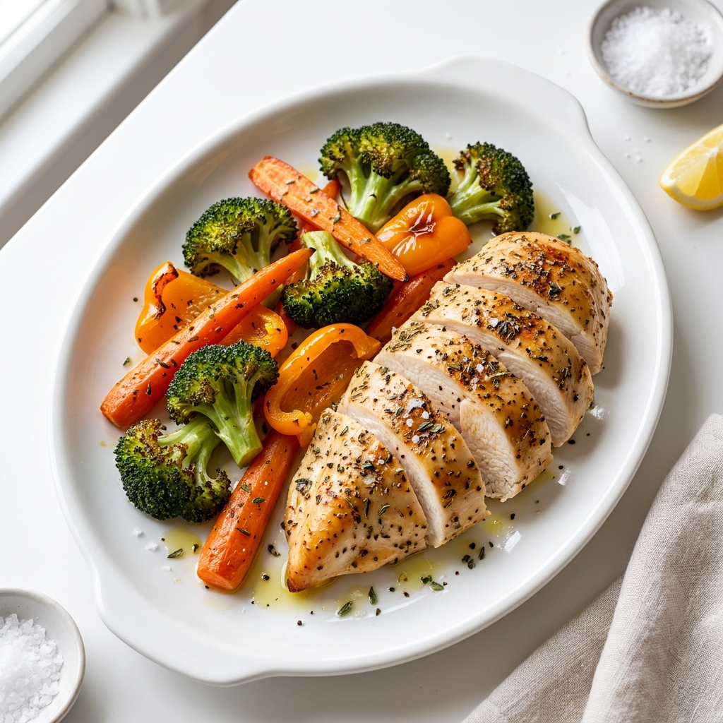 Herbed Roasted Chicken with Rainbow Vegetables, prepared as a finished Lila recipe