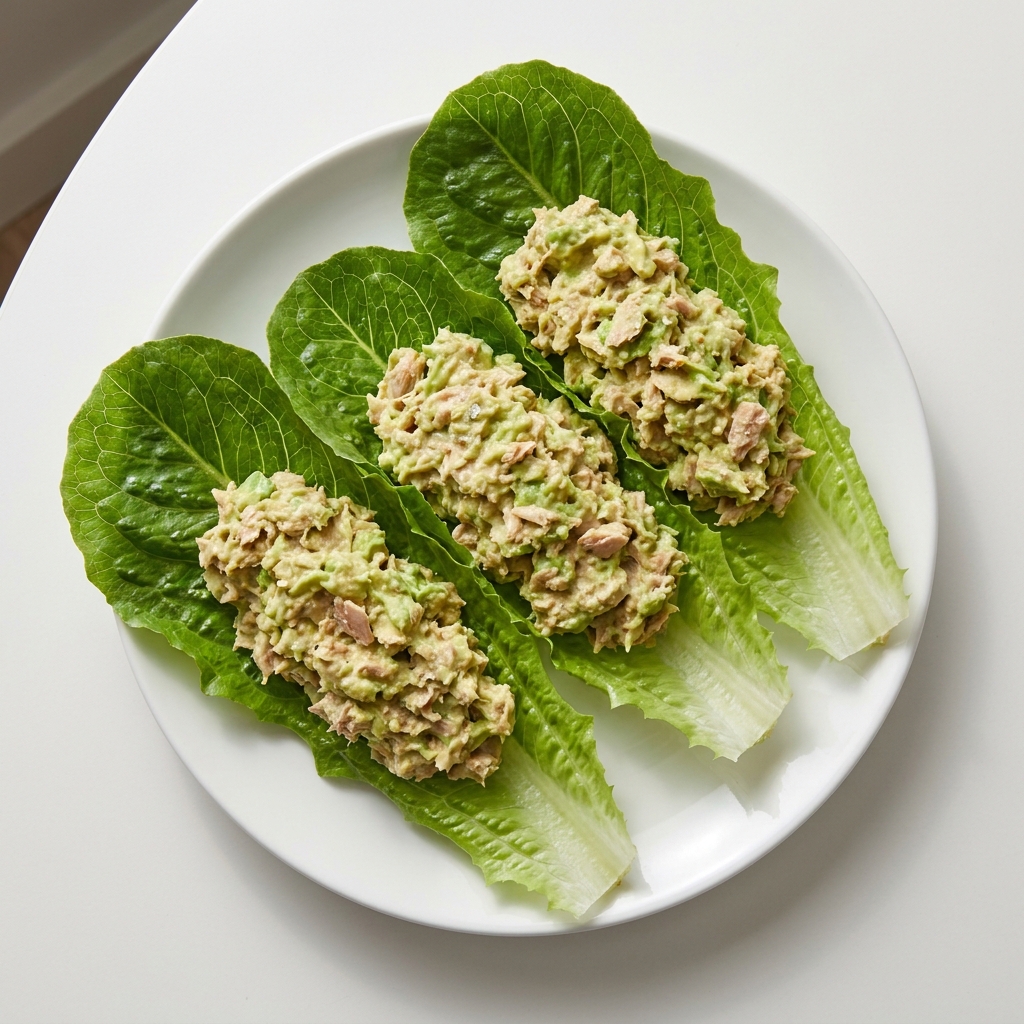 Avocado and Canned Tuna Salad Lettuce Boats, prepared as a finished Lila recipe