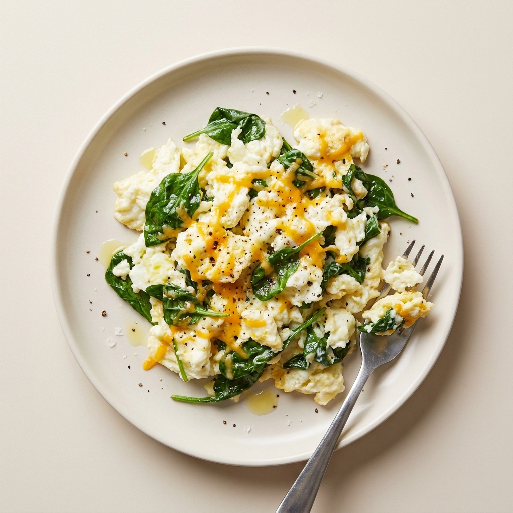 Quick Spinach and Cheese Egg White Scramble, prepared as a finished Lila recipe