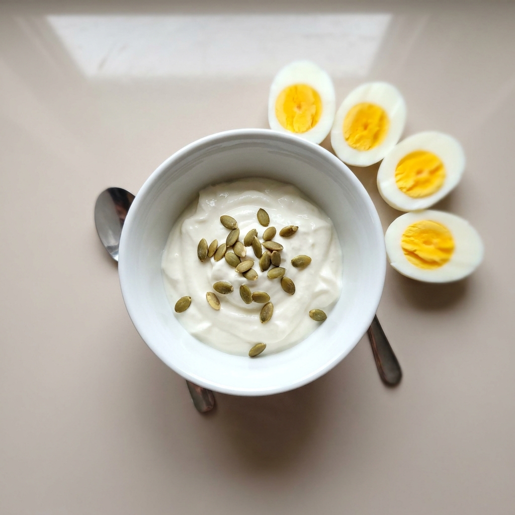Greek Yogurt Breakfast Bowl with Hard Boiled Eggs, prepared as a finished Lila recipe