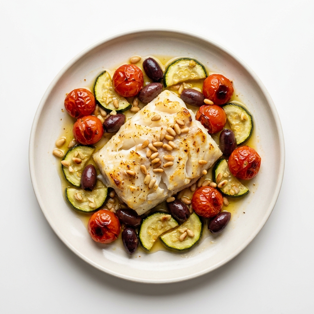 Baked Mediterranean Cod with Roasted Vegetables and Olives, prepared as a finished Lila recipe
