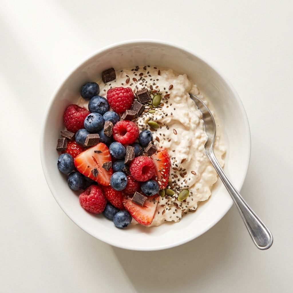 PBfit Berry and Dark Chocolate Cottage Cheese Bowl, prepared as a finished Lila recipe