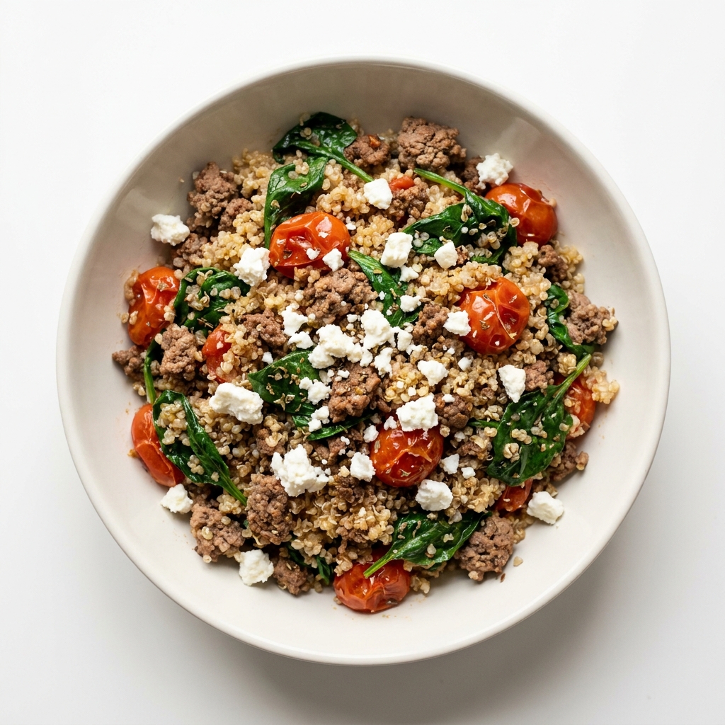 Mediterranean Ground Beef and Spinach Skillet, prepared as a finished Lila recipe